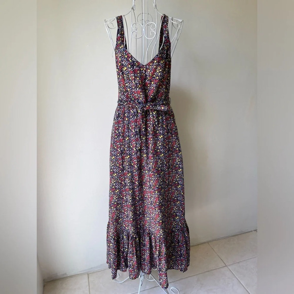 J Crew maxi tiered dress belted linen blend ditsy floral print navy blue size 2 - Picture 1 of 9